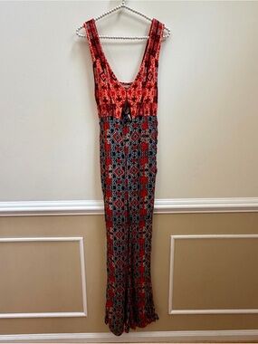 Free People Boho Tribal Print Lace-Up Back Flare Leg Festival Jumpsuit